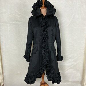 Samuel Dong Black Water Resistant Stretch Dupioni RuffleJacket Coat XL